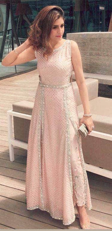 Indo Western Style Pink Thread Embroidered Georgette Long Gown – tapee.in